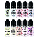 Aromen für E-Zigaretten, 10 ml Flaschen in bunten Designs mit Geschmacksnamen.