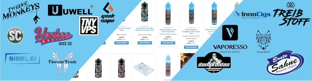 Uwell, Vaporesso, Snow Wolf und anderen E-Zigaretten Markenlogos auf buntem Hintergrund.