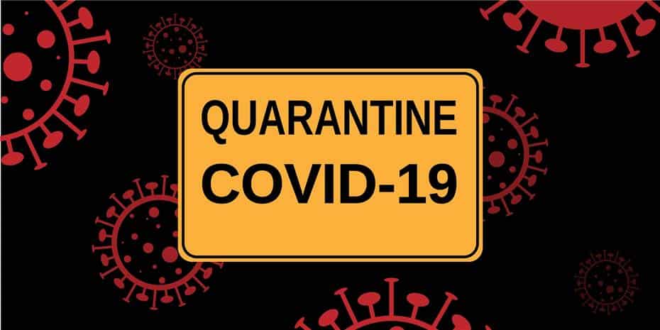 Geschlossen bis 26.12.2020 aufgrund einer Quarantäne 1 Quarantäne covid-19 schild mit virusmotiven, auf schwarz hintergrund, Hinweis auf Quarantäne wegen COVID-19, Hygiene- und Sicherheitsmaßnahmen, Gesundheitsschutz, Corona Schutz, Pandemie, Viruswarnung.