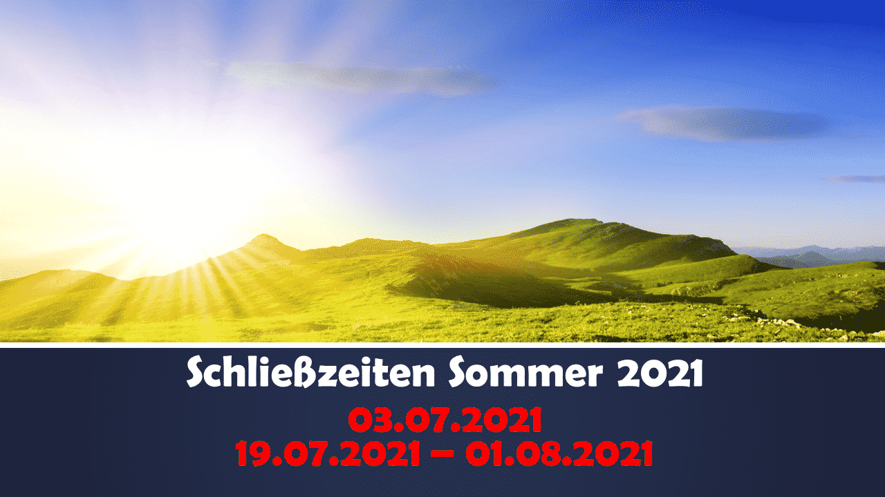 Abbildung eines sonnendurchfluteten grünen Hügellandschaft mit blauer Himmel im Sommer, Hinweis auf Sommerferien 2021 in Deutschland.
