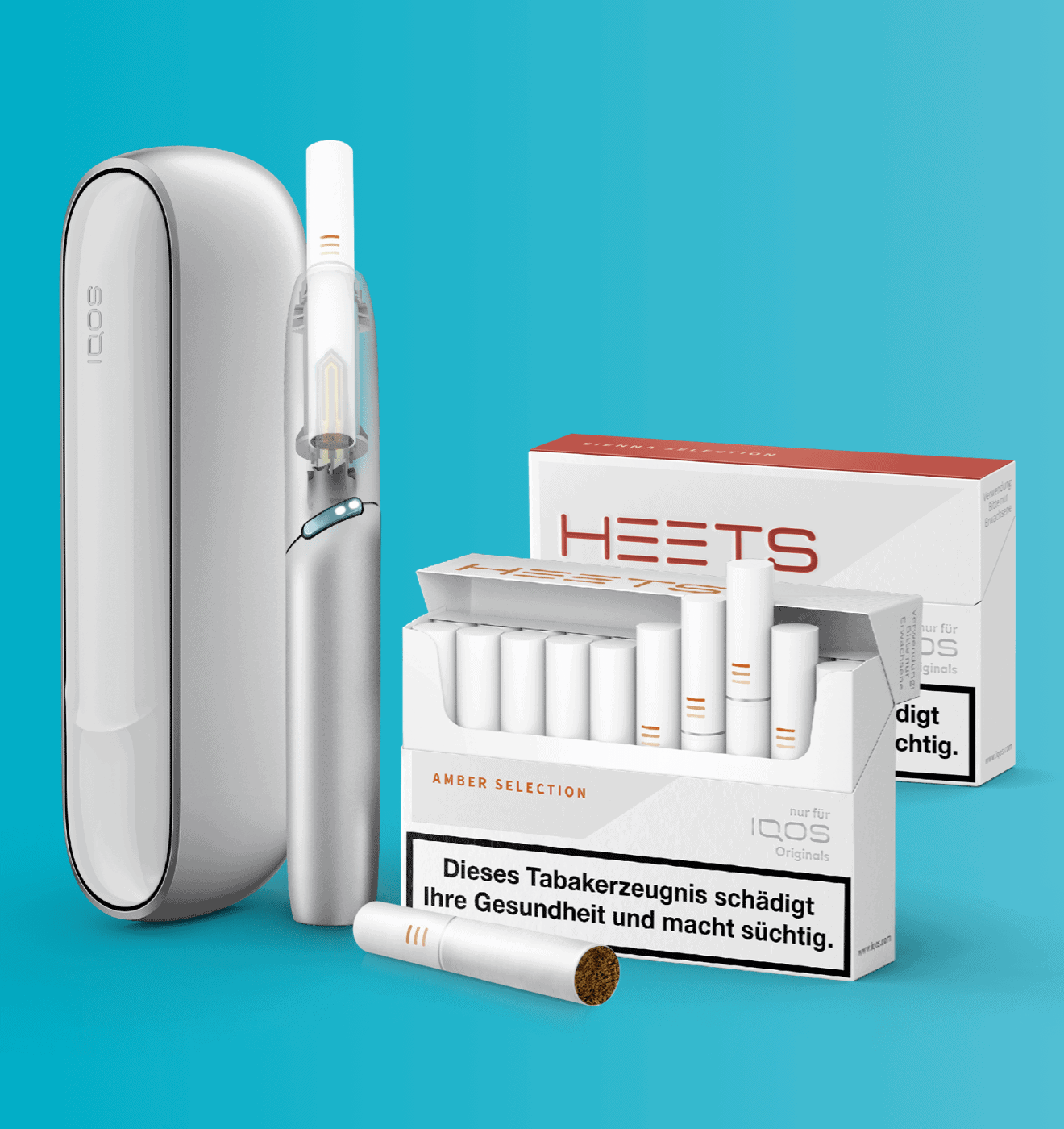 IQOS Angebot zum Frauentag 2 Sauberes, modernes IQOS-Zigaretten-Set mit Ladehülle und Packung, für Raucher, die aufhören wollen.