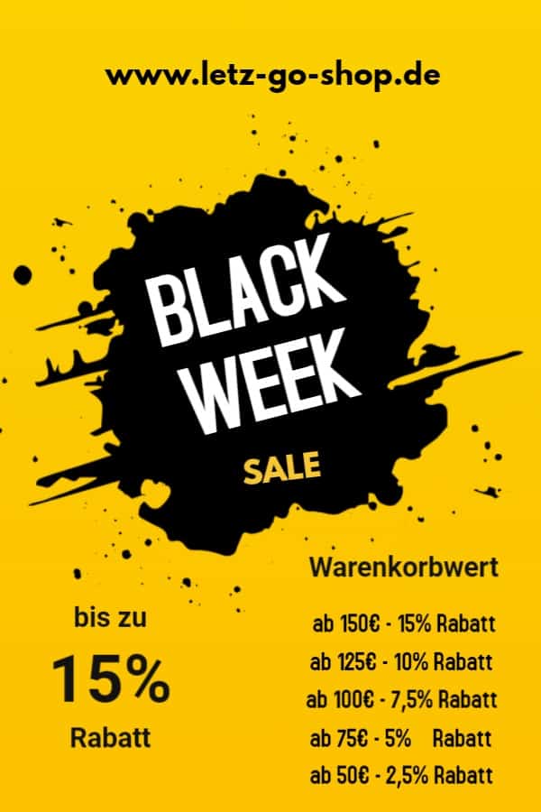 Black Week Sale Werbebild mit Rabatten bis 15% auf E-Commerce Produkte bei LETZ Go.