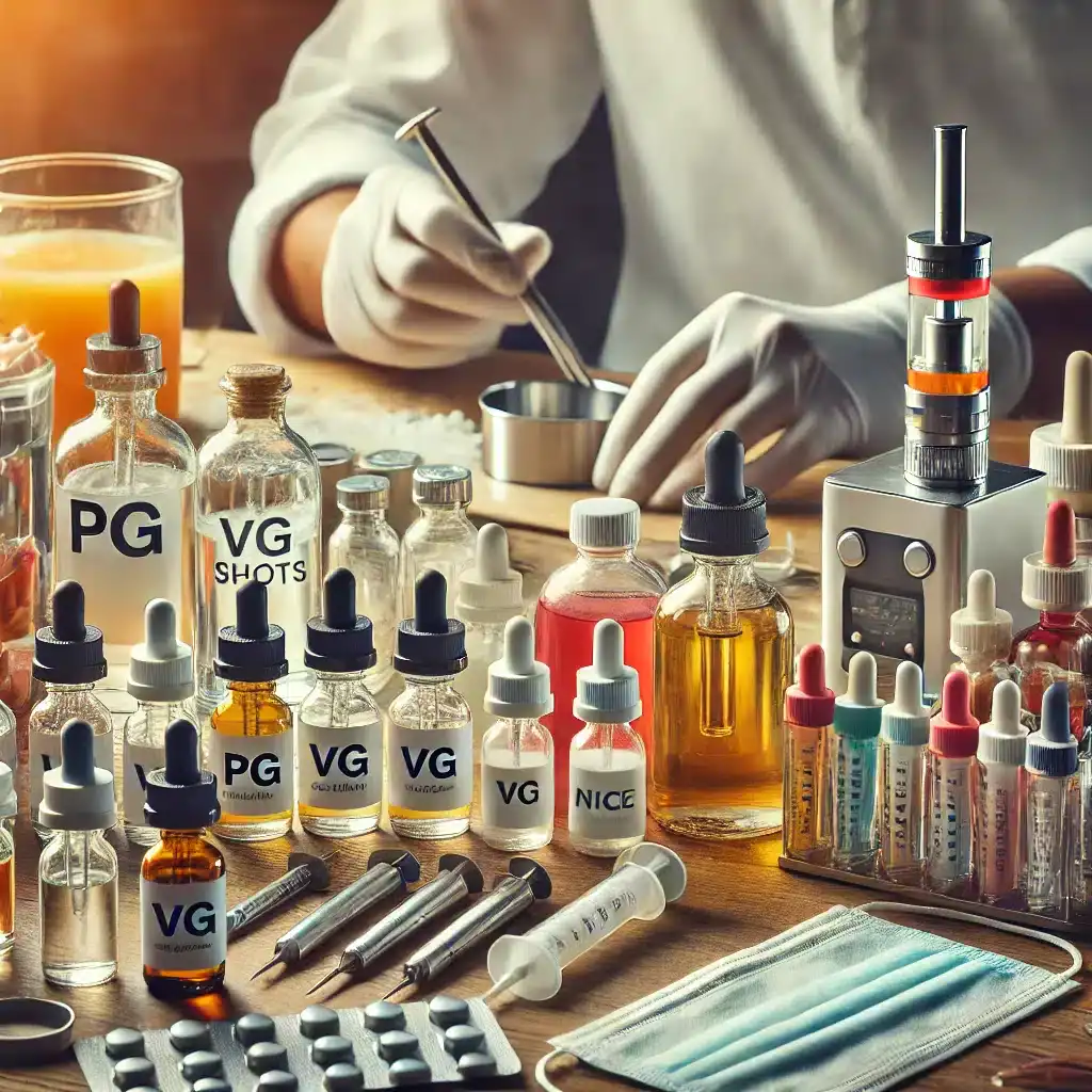 DIY E-Liquid: Eine Umfassende Anleitung zum Mischen von Aromen und Longfills für E-Zigaretten 1 Vape-Liquids und Nikotinsirup Flaschen auf einem Arbeits Tisch, mit Pipetten, Zerstäuber und medizinischer Maske für E-Zigaretten und Liquids.