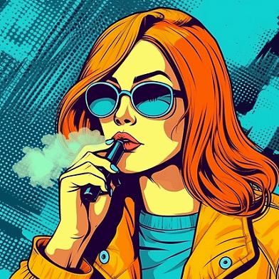 Liquids, E-Zigaretten günstig online kaufen 35 Stylische Frau mit roten Haaren, Sonnenbrille und E-Zigarette im Pop-Art-Stil, moderner Look, Trendsetter, junge Mode, Lifestyle, cooles Accessoire, urbaner Streetstyle, Retro-Vaporwave-Optik, kreative Kunst.