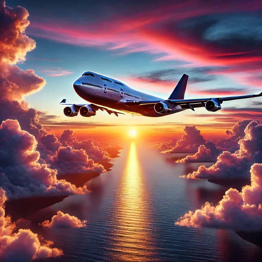 E-Zigaretten im Urlaub 11 Flugzeug im Flug bei Sonnenuntergang über den Wolken, atemberaubende Himmelsszene, moderne Reiseflugmaschine, dient als Symbol für Fernreisen und Mobilität, Hochwertiges Luftfahrzeug, Himmelsansicht.