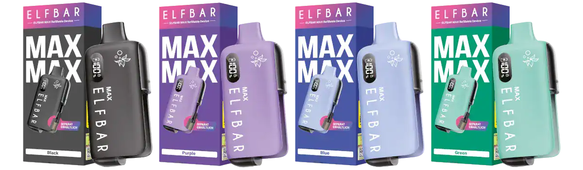 Max Max ELFBAR wiederaufladbares Vaping-Gerät, in mehreren Farben (Schwarz, Lila, Blau, Grün).