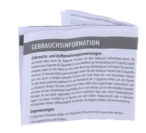 Gebrauchsinformation für E-Zigaretten mit Liquid, Inbetriebnahme, Sicherheitshinweise, elektronische Zigarette, Dampfen, Batterie, Pflege, Rauchverbot, Warnhinweise, Gebrauchsanleitung, LETZ Go.
