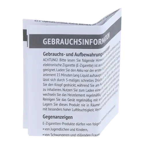 Gebrauchtinformationsblatt für elektronische Zigaretten, E-Zigaretten, Akku, Anleitung, Pflege, Hinweise, Gebrauchsanweisung, Ladung, Reinigung, Lagerung, Hochwertiges Dokument, in schwarz-weiß.