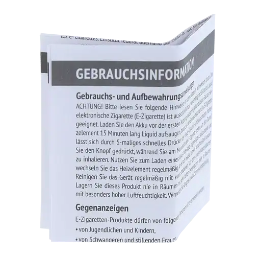 Gebrauchsinformation für elektrische Zigaretten, E-Zigarette mit Anleitung, Warnhinweisen, Batterieladung, Pflege- und Lagerungstipps, nicht in öffentlich zugänglichen Räumen verwenden.