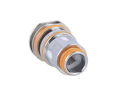 Hochwertiger flexibler Schlauchverbinder mit orange Dichtungen, perfektes Zubehör für Wasser-, Heizungs- oder Pneumatiksysteme.