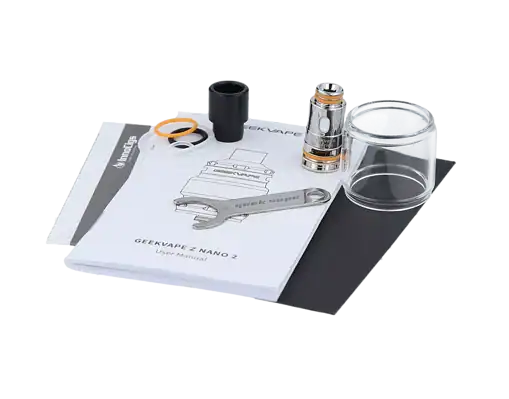 Nano 2 MTL Tank Set mit Glas und O-Ringen, Zubehör für E-Zigaretten, inklusive Bedienungsanleitung.