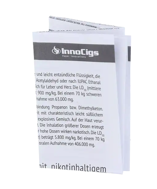 InnoCigs Vape Anleitung, schwarz-weiße Bedienungsanleitung für E-Zigaretten, Inhalationsprodukt, detaillierter Text, Produktinformation.