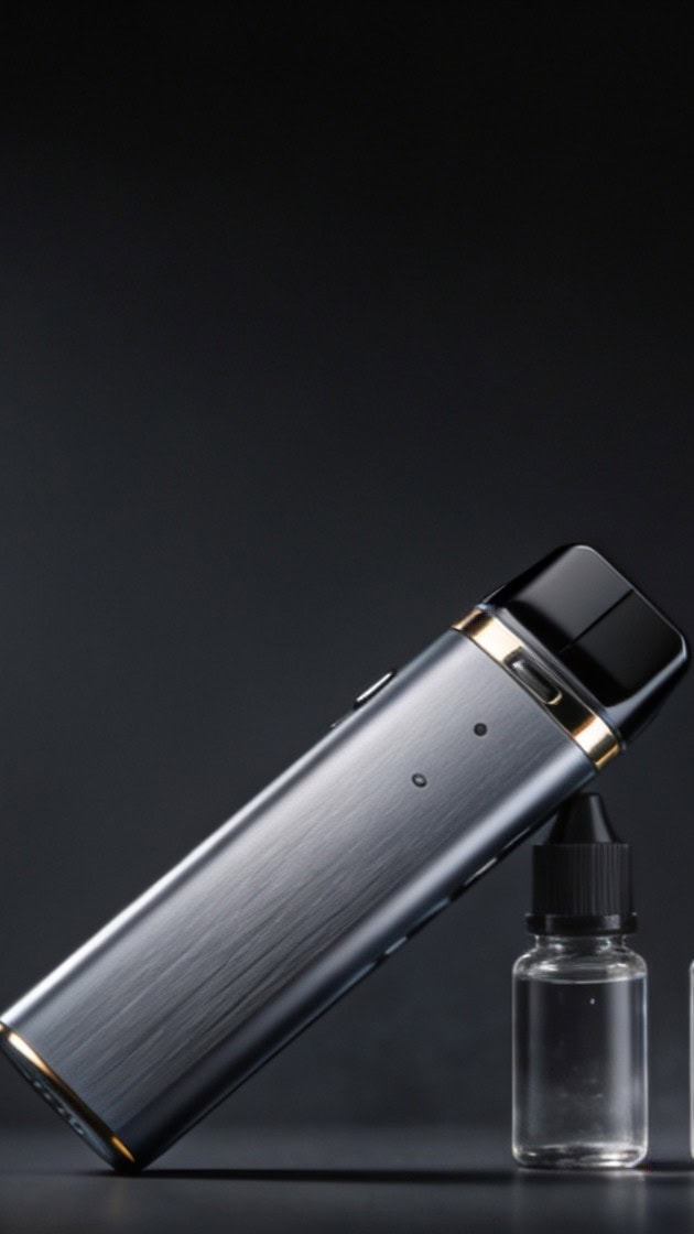 Vaporizer und Flasche für E-Liquid auf dunklem Hintergrund.