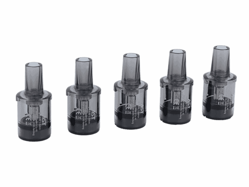 Schwarze E-Zigaretten-Patronen in einer Reihe, transparent und kompakt, ideal für vaporisierte Nikotinprodukte.