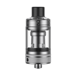 Akkutank für E-Zigaretten, silbernes, modernes Vape-Design, transparentes Sichtfenster, robuste Metallteile, für Liquid-Refill, geeignet für Dampfer-Anfänger und Profis.