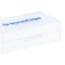 Halten Sie eine weiße Lego-Box mit blauer Aufschrift Logo, geeignet für die Aufbewahrung von LEGO Steinen und Zubehör.