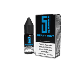 Süßes Berie Mint Nikotinsalz Liquid in kleiner Flasche mit schwarzem Deckel, neben der Verpackung mit Blauer Schrift auf Schwarz.