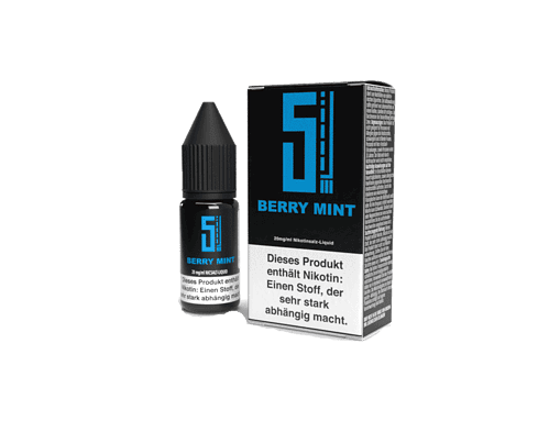 Süßes Berie Mint Nikotinsalz Liquid in kleiner Flasche mit schwarzem Deckel, neben der Verpackung mit Blauer Schrift auf Schwarz.