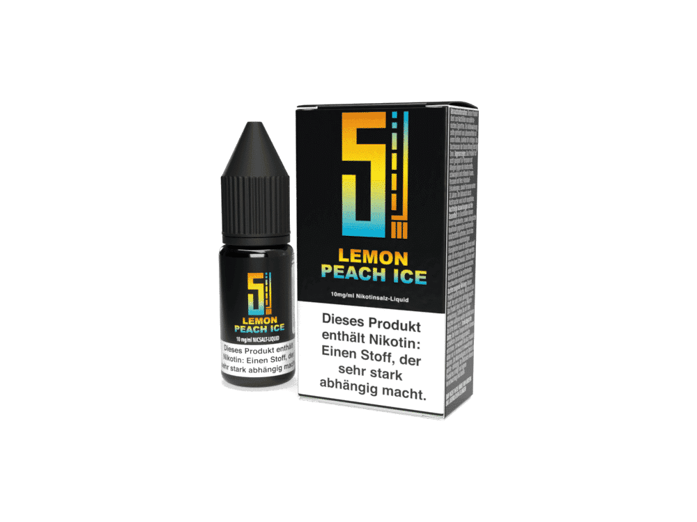 5EL - Lemon Peach Ice - Nikotinsalz Liquid 1 LEMON PEACH ICE Nikotinsalz-Liquid in Flasche und Verpackung, e-Liquid für E-Zigaretten, aromatisch mit Zitronen- und Pfirsichgeschmack, 10ml, starker Nikotingehalt, für Dampfer, vom Online-Shop LETZ Go.