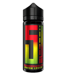 Flasche mit pomegranate fresh lemon energydrink, schwarz mit bunter Beschriftung.