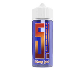 Saftflasche mit Cherry Yola Geschmack, blauer Hintergrund, modernes Design, leicht zu erkennendes Logo, ideal für E-Liquid-Vaping, ansprechend für junge Erwachsene, hochwertiger Look, Produkt im Trend, aromatisches Erlebnis, trendige Verpackung, hochwertige Sorten.