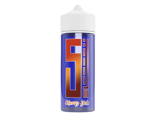 Saftflasche mit Cherry Yola Geschmack, blauer Hintergrund, modernes Design, leicht zu erkennendes Logo, ideal für E-Liquid-Vaping, ansprechend für junge Erwachsene, hochwertiger Look, Produkt im Trend, aromatisches Erlebnis, trendige Verpackung, hochwertige Sorten.