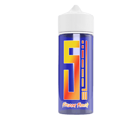 5. Logo und Flasche mit "Frozen Peach" E-Liquid im blauen Design, ideal für Dampfer.