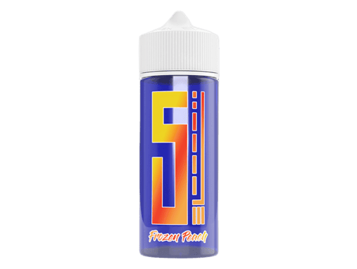 5. Logo und Flasche mit "Frozen Peach" E-Liquid im blauen Design, ideal für Dampfer.