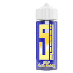 Vanille-Fudge E-Liquid Flasche, 60ml, blauer Flaschenhalter mit gelbem Logo und weißem Verschluss, ideal für E-Zigaretten, süßer Geschmack, hochwertiges Aroma, für Dampfer, die Vanille-Geschmack lieben.