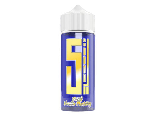 Vanille-Fudge E-Liquid Flasche, 60ml, blauer Flaschenhalter mit gelbem Logo und weißem Verschluss, ideal für E-Zigaretten, süßer Geschmack, hochwertiges Aroma, für Dampfer, die Vanille-Geschmack lieben.