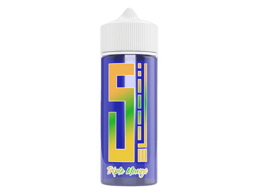 E-Liquid Flasche für E-Zigarette mit "Triple Mango" Geschmack, blauer Hintergrund, modernes Design, für Dampfer und E-Zigaretten Liebhaber, hochwertiges Vape Zubehör.