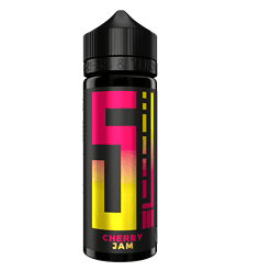 Säfte und Energydrinks Flasche mit pinkem und gelbem Design auf schwarzem Hintergrund.