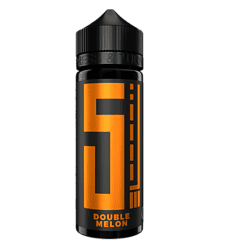 Schwarze Flasche mit orangefarbenem Design und Logo, Energiedrink mit Melonengeschmack, 500ml.