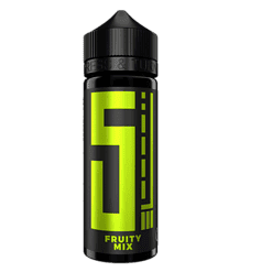 Rote- und schwarze Flasche mit Digital-Design, Geschmacksrichtung Fruity Mix auf einem weißen Hintergrund.