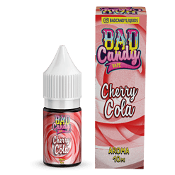 Kleines Fläschchen mit Cherry Cola Geschmack für E-Zigaretten, im pink-rot Design, ideal für den Vape Genuss.