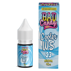 Badesüßer, blaue E-Liquid-Flasche mit Wickel-Design und Aufdruck "Bad Candy Vape Cooler WS 23" für E-Zigaretten, 10 ml Flasche.