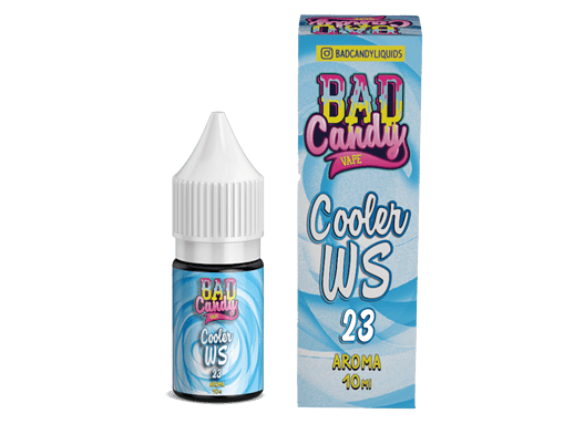 Badesüßer, blaue E-Liquid-Flasche mit Wickel-Design und Aufdruck "Bad Candy Vape Cooler WS 23" für E-Zigaretten, 10 ml Flasche.