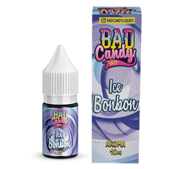 Kleines Fläschchen mit Ice Bonbon Aroma in lila und weiß, passend zum Vape-Produkt mit auffälligem Design.