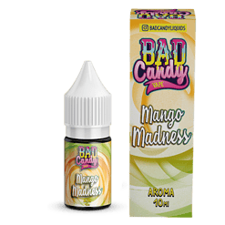 Bad Candy Liquids Mango Madness Vape Flasche und Verpackung, leckeres Mango Aroma für E-Zigaretten, 10 ml, ideal für Vaper, handliches Design, premium Quality, intensive Fruchtgeschmack, einfach zu verwenden, perfekt für dampfen.