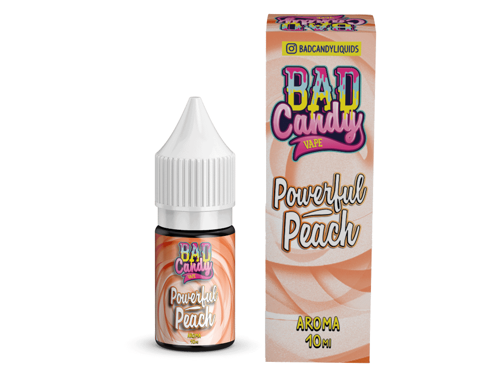 Bad Candy Liquids Powerfull Peach Aroma 10 ml 1 Aromatisierter E-Liquid für Vaping, Bad Candy Powerfull Peach, 10ml Flasche mit kindergesichertem Verschluss, fruchtiger Pfirsichgeschmack, für Vape Geräte, intensives Aroma, für Dampfer geeignet, ideal für den Trick-Vape.