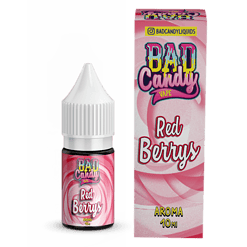 Ätzende, pinkfarbene E-Liquid Flasche mit "Bad Candy" Aufdruck und "Red Berrys" Dekor, in Verbindung mit Verpackung.