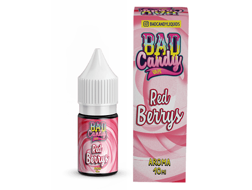 Ätzende, pinkfarbene E-Liquid Flasche mit "Bad Candy" Aufdruck und "Red Berrys" Dekor, in Verbindung mit Verpackung.
