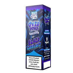 Farbige Verpackung mit digitalem Design und Geschmack-Label für Bad Candy Black Currant Nikotinliquid.