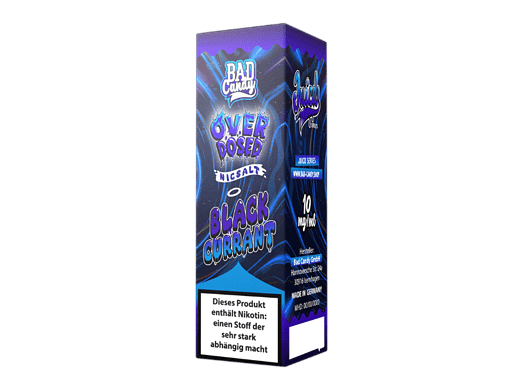 Farbige Verpackung mit digitalem Design und Geschmack-Label für Bad Candy Black Currant Nikotinliquid.