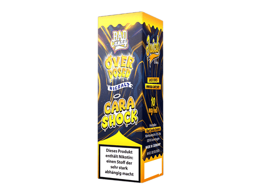 Hochwertige Juulid Car Shock Over Dosed NicSalt E-Liquid Verpackung, zehn ml Flasche, colorful Design, für Dampfer geeignet, verstärkt Genuss, aufmerksamkeitsstarkes Produktbild.