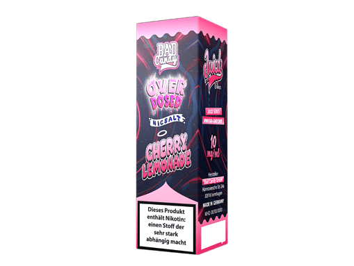 Bark Candy Juiced Series Cherry Lemonade E-Liquid in pink und schwarzer Verpackung, 10 ml, mit Nikotin-Warnhinweis, für E-Zigaretten geeignet.