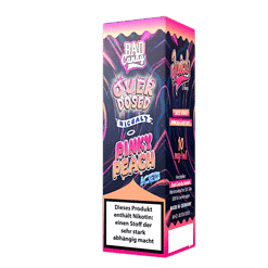 Rauchfreier E-Liquid-Box mit pinkem Pfirsich-Grafik, Nudelsalz, Überdose, und Bad Candy Logo, geeignet für Vaping.