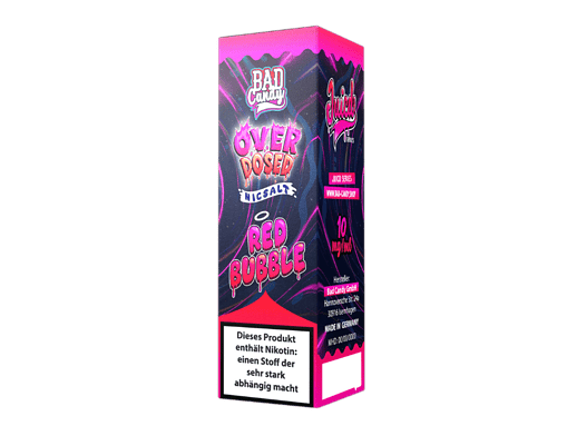 Bunte E-Liquid Verpackung für Vape mit Pink, Schwarz und Lila Farben, Bad Candy Juice Series, Über Dosed, Red Bubble, Nikotin-gehalt, 10 ml Flasche, geeignet für Dampfer.