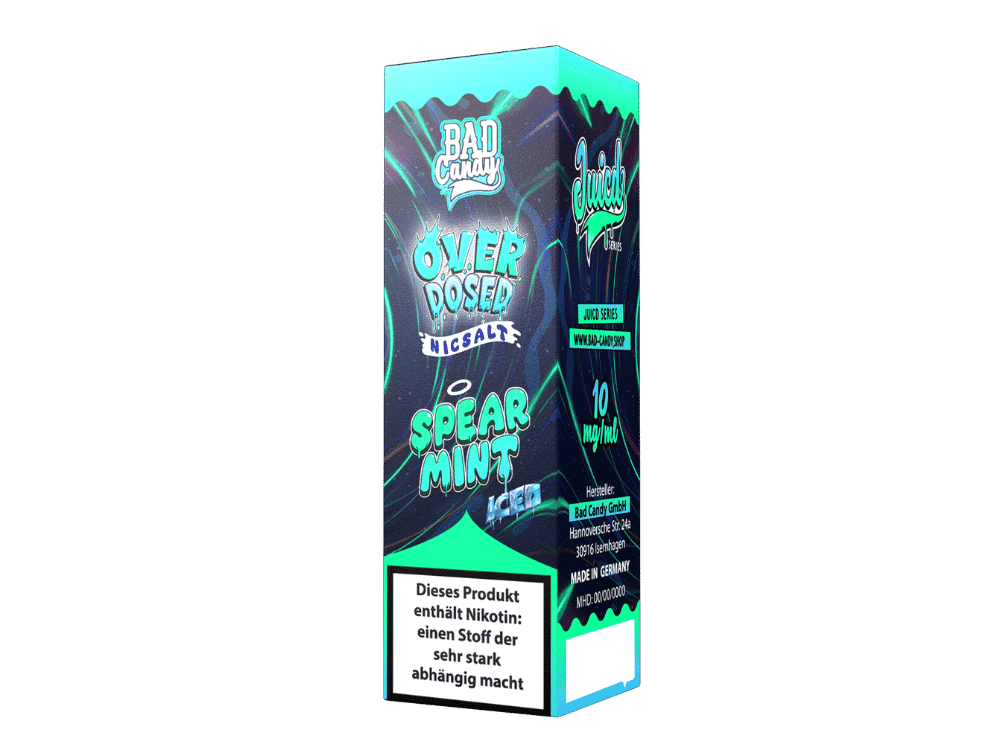 Bad Candy Liquids - Juicd - Spearmint Nikotinsalz Liquid 1 Vape-Produkt mit Minzgeschmack, Verpackung mit blauer Neon-Grafik, Nikotinwarnung in Deutsch, für die Leitung des Online-Shops LETZ Go.