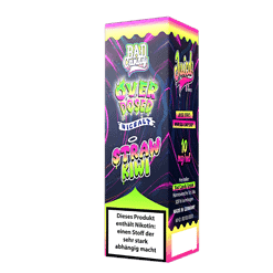 Farbenfrohe Verpackung eines Nikotinprodukts mit auffälligem Design, Marke "Bad Candy" und Geschmacksangabe "Straw Kiwi".